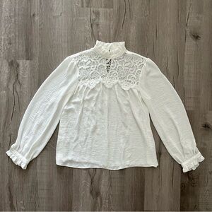 Crochet lace trim mock neck blouse